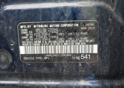 2020 Mitsubishi Outlander Es 2.4 S-Awc/Le 2.4 S-Awc/Se 2.4 S-Awc/Sel 2.4 S-Awc/Sp 2.4 S-Awc из США, поврежденный, VIN JA4AZ3A31LZ042840